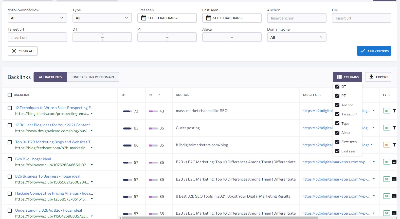 using filter and column settings in se ranking backlink checker for how to find backlinks